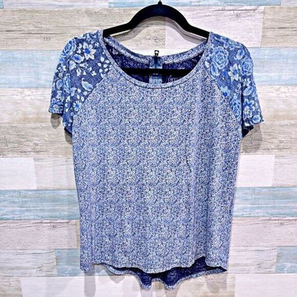 LUCKY BRAND Floral Mixed Tee Blue Boho Cotton Blend Womens Medium - Picture 2 of 6